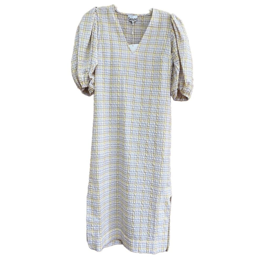 GANNI Seersucker Check Print Puff Sleeve Midi Dress - Picture 9 of 14